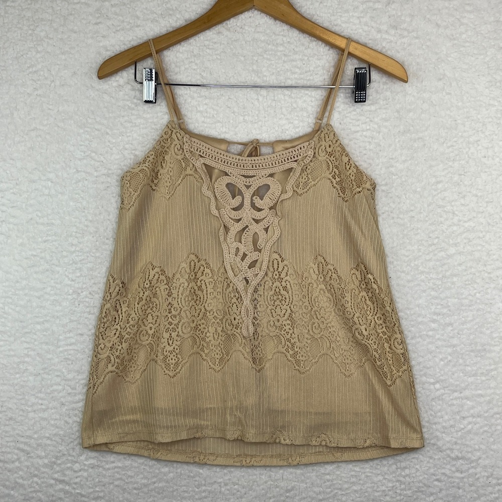 Daytrip Tan Ribbed Lace Cami Top Boho Crochet Sleeveless Tank Top Blouse M Y2K